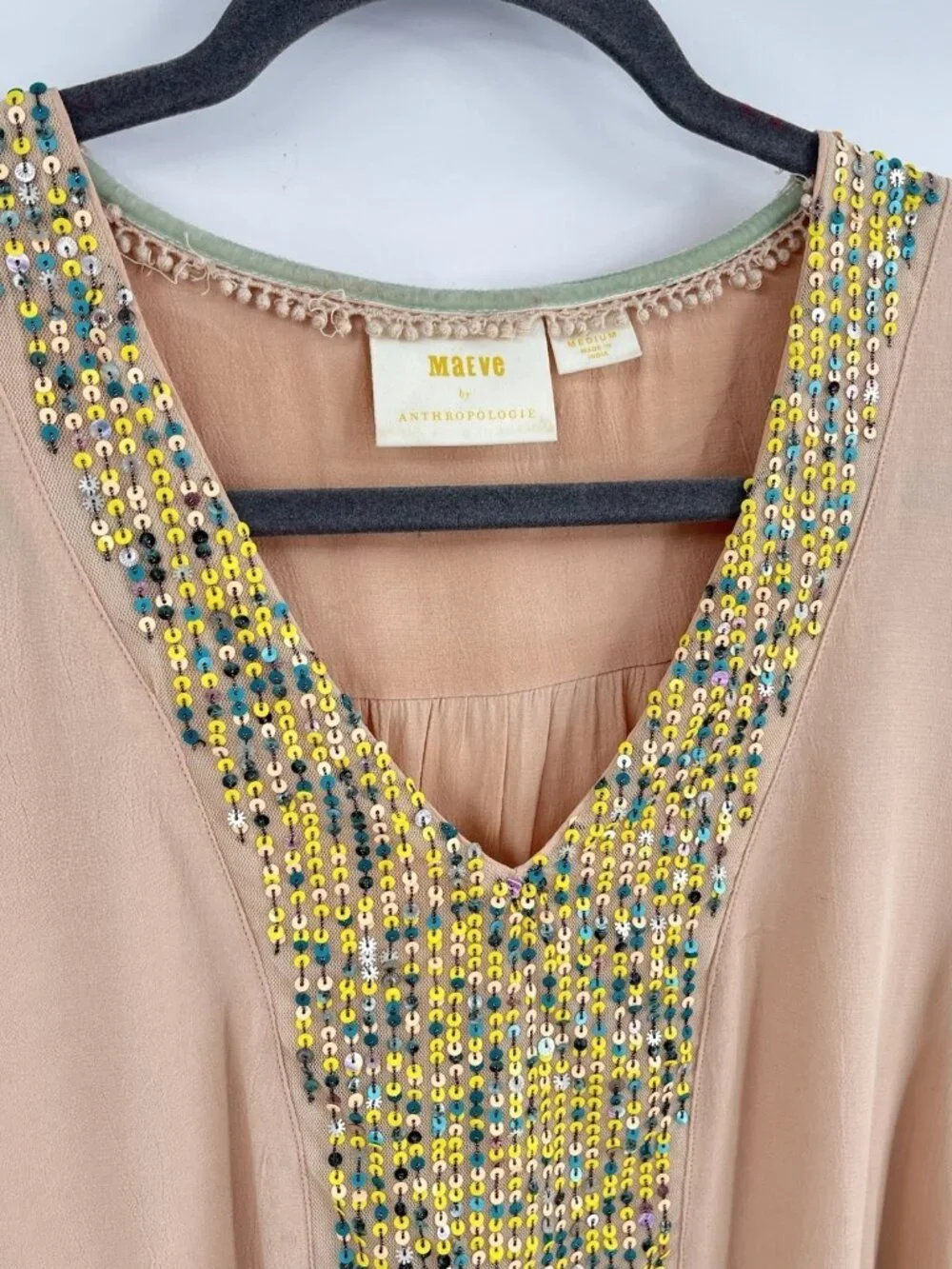 MAEVE ANTHROPOLOGIE Women's Peach Sequin V-Neck Balloon Sleeve Blouse Medium - Picture 2 of 5